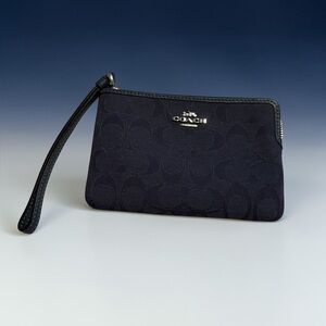 Coach Navy Signature Wristlet Clutch with Silver Logo